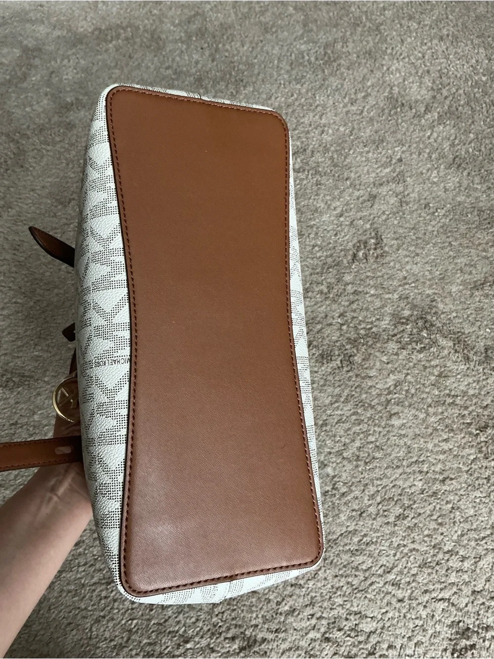 Michael Kors Vanilla Logo Satchel with Brown Trim